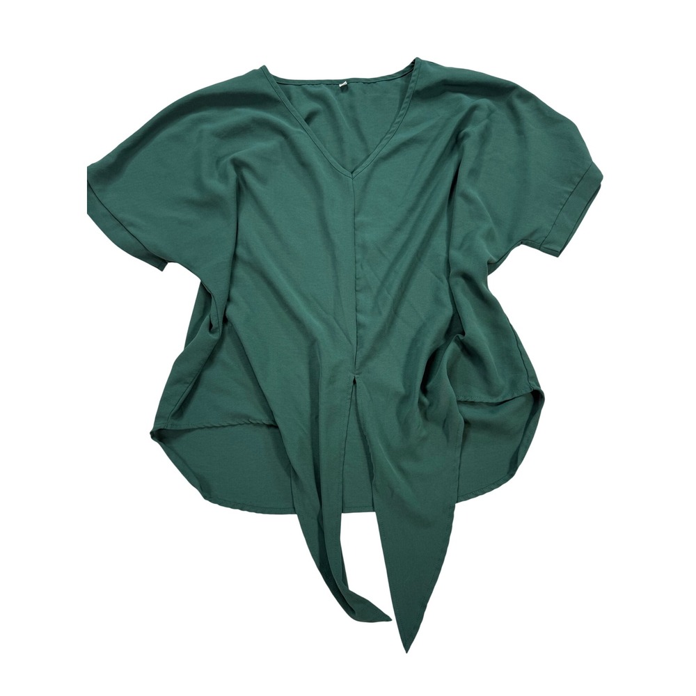 V-Neck Tie Front Blouse Womens Large Green Excellent Short Sleeve Top - Picture 3 of 5